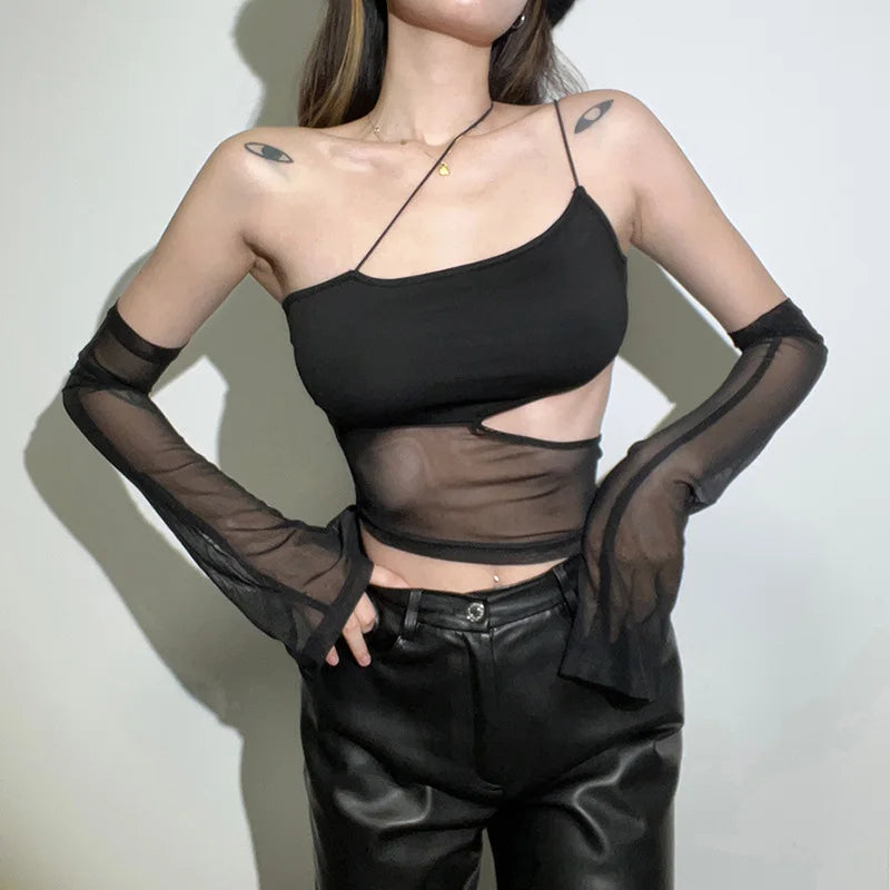 Asymmetrical Cut Out Mesh Crop Top