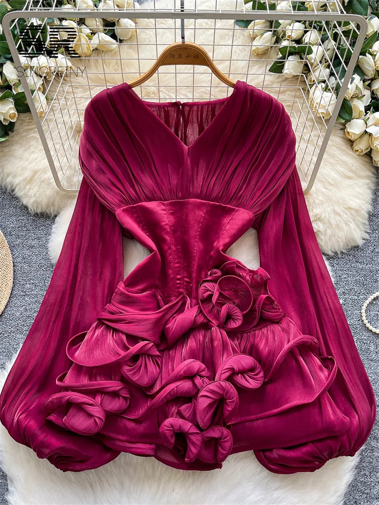 3D Floral Satin Corset Sheer Lantern Sleeve Ruched Stretch Waist Ladies Luxury Party Ruffles Splice Slim Short Dress