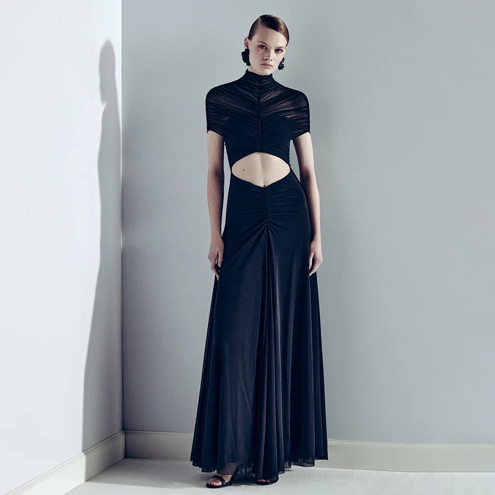 Crew Neck Sheer Mesh Smocked Tiered Hollow Out Long Prom Dress