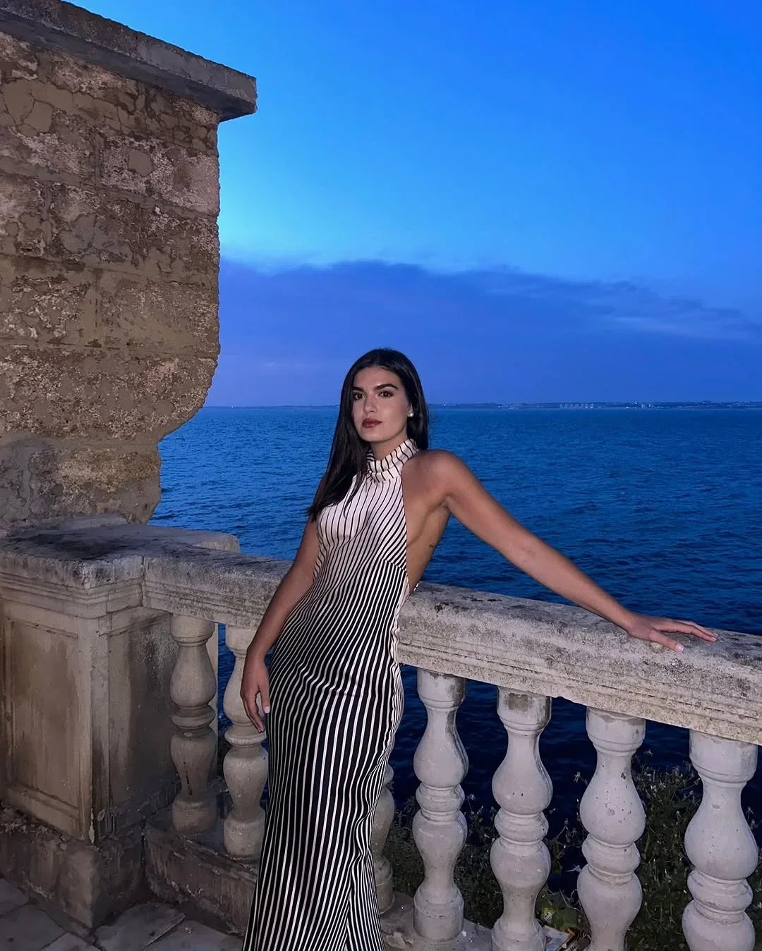 Sexy Backless Zebra  Striped Halter Maxi Dress