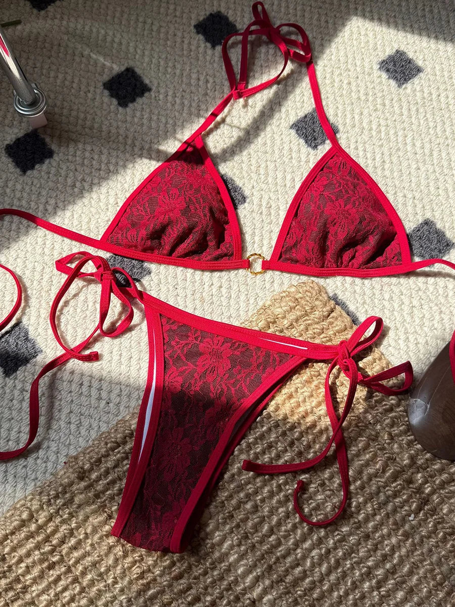 Embroidery Mesh Lace Halter High Cut Bikini