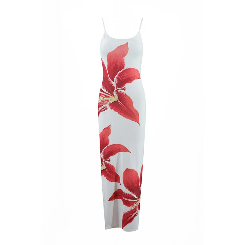 White Red Hibiscus Floral Print Spaghetti Strap Midi Dress