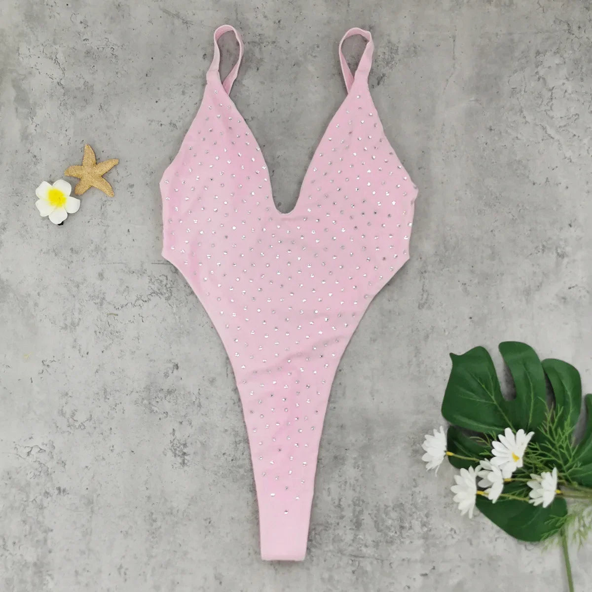 Luxury Diamond Pink Swimwear Women Sexy Hollow Out Backless Thong Bikini