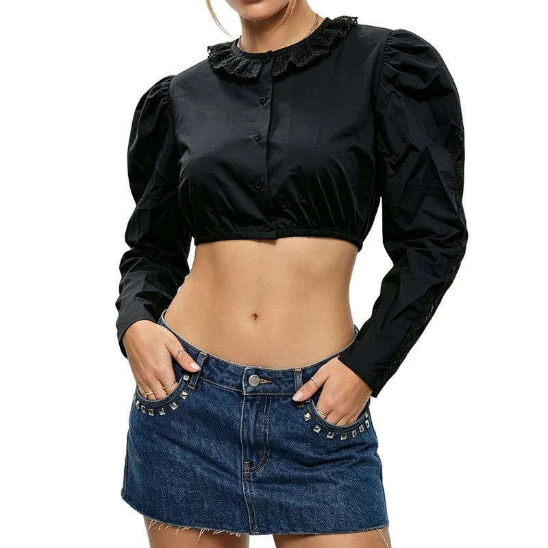 Lace Trim Collar Cropped Blouse Cottage Daily Office T-Shirt