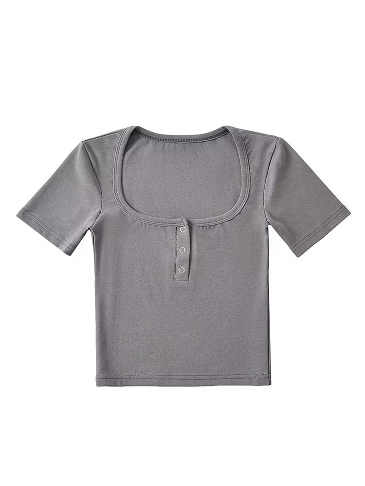Button Front Short Sleeved Crop T-shirt