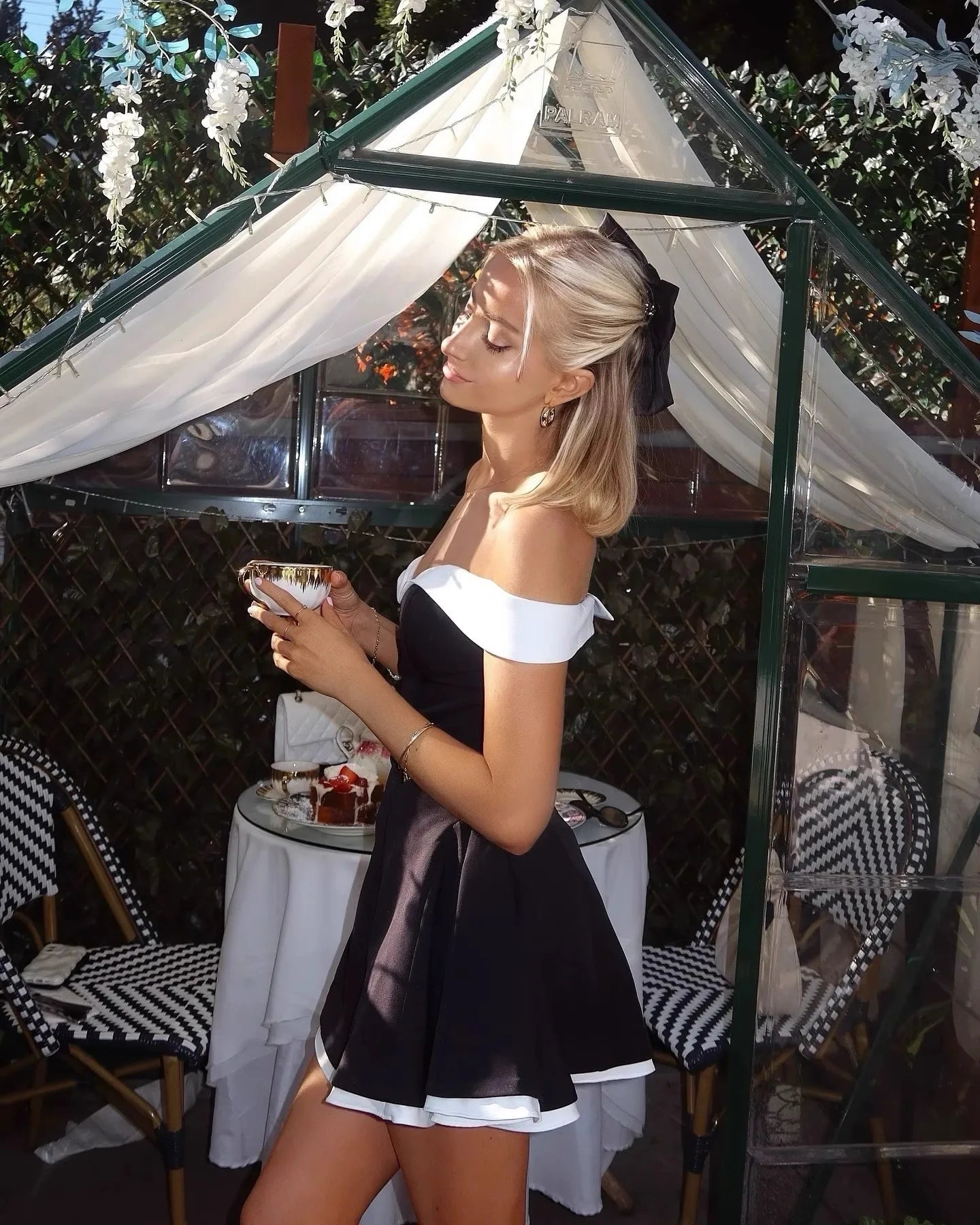 Black and White Patwork Off Shoulder Prom Dress