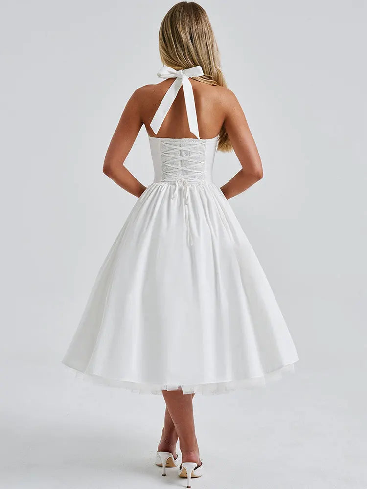 Mesh Back Bandage Halter Sexy Midi Long Dress