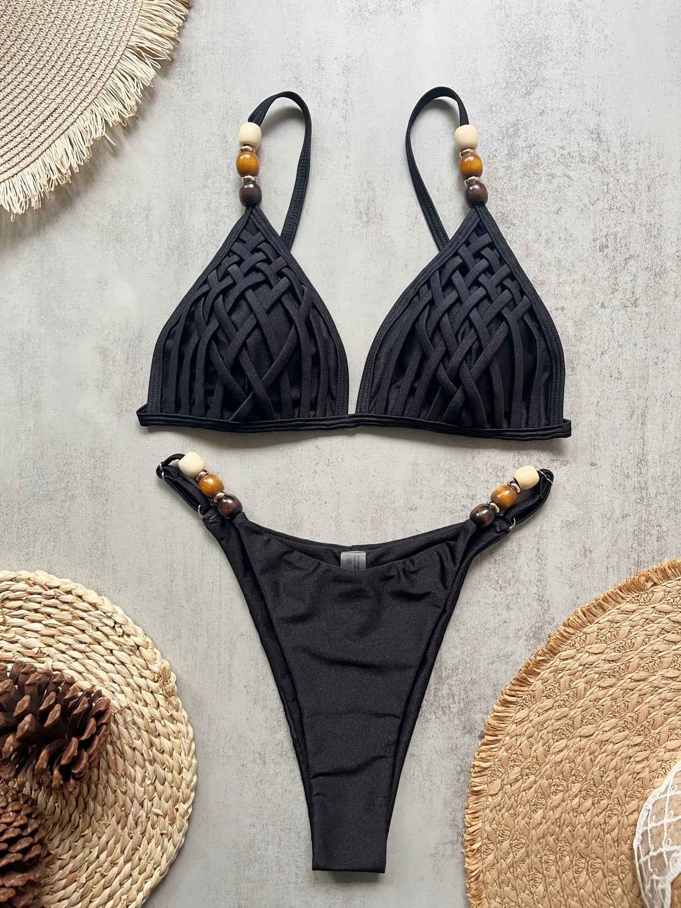 Sexy Black Pearls Strap Hole Out Push Up Bra Micro Bikini