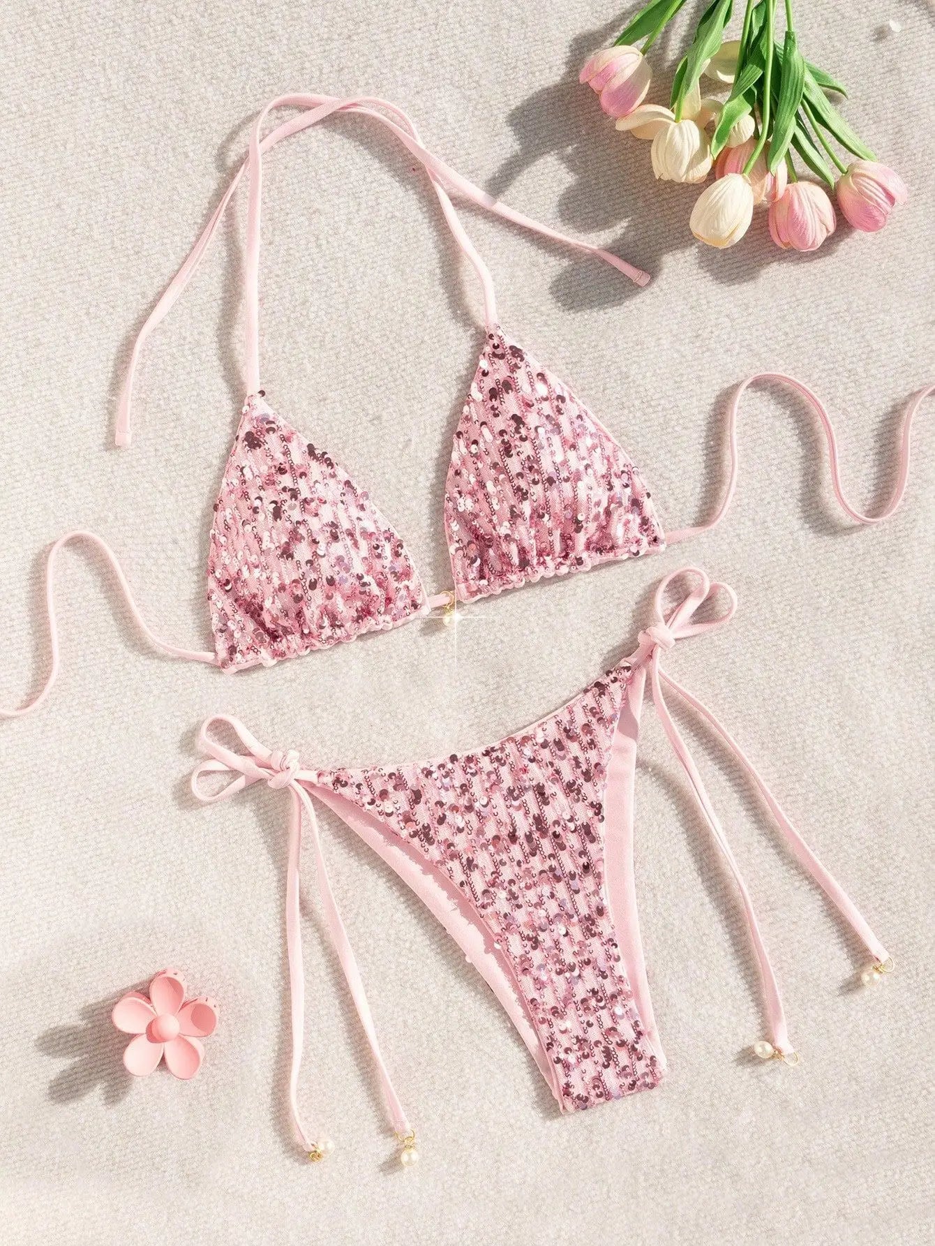 Shiny Pink Sequin Micro Bikini Sets