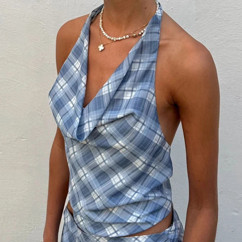 Vintage Plaid Halter Tank Tops