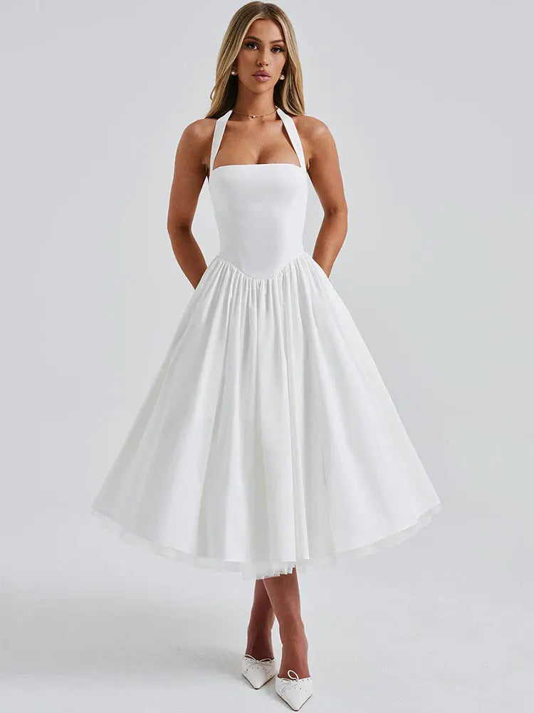 Mesh Back Bandage Halter Sexy Midi Long Dress