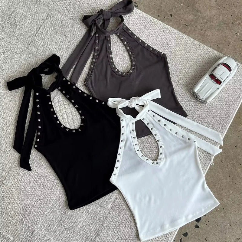 Commuting Gothic Style Rivet Embellished Halter Tank Top