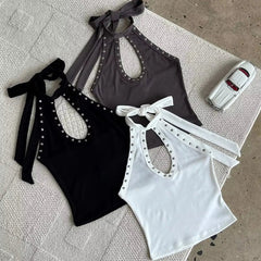 Commuting Gothic Style Rivet Embellished Halter Tank Top