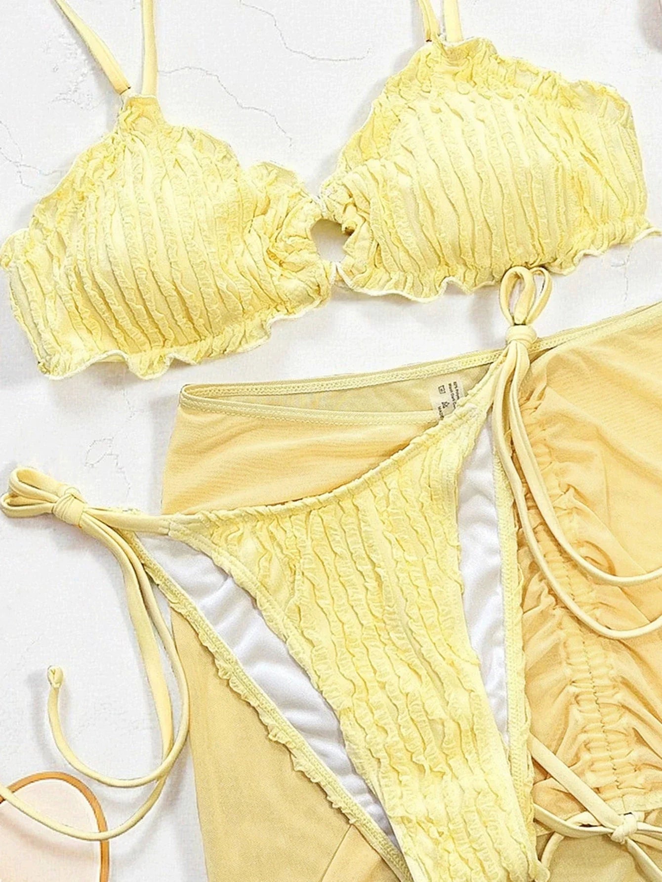 Sexy Yellow Swimwear Women Ruffles Circle Pleate Push Up Bra Thong Bikini