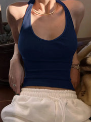 Solid Color Halter Neck U-Neck Backless Tank Top