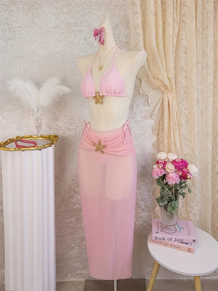 Sexy Pink Swimwear Women Pink Metal Starfish Push Up High Waist Bikini Set