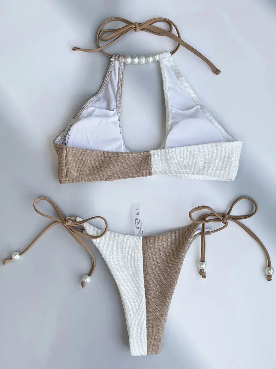 XS - L Splicing Halter Hollow Out Ribbed Bikini