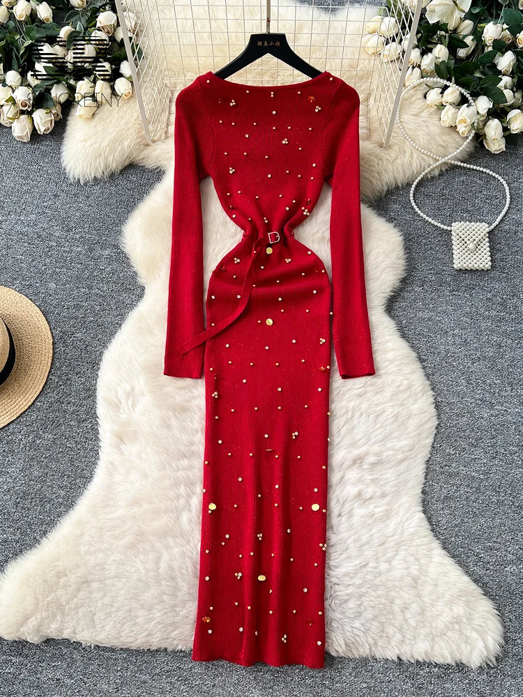 High Quality Beading Knitted Dress