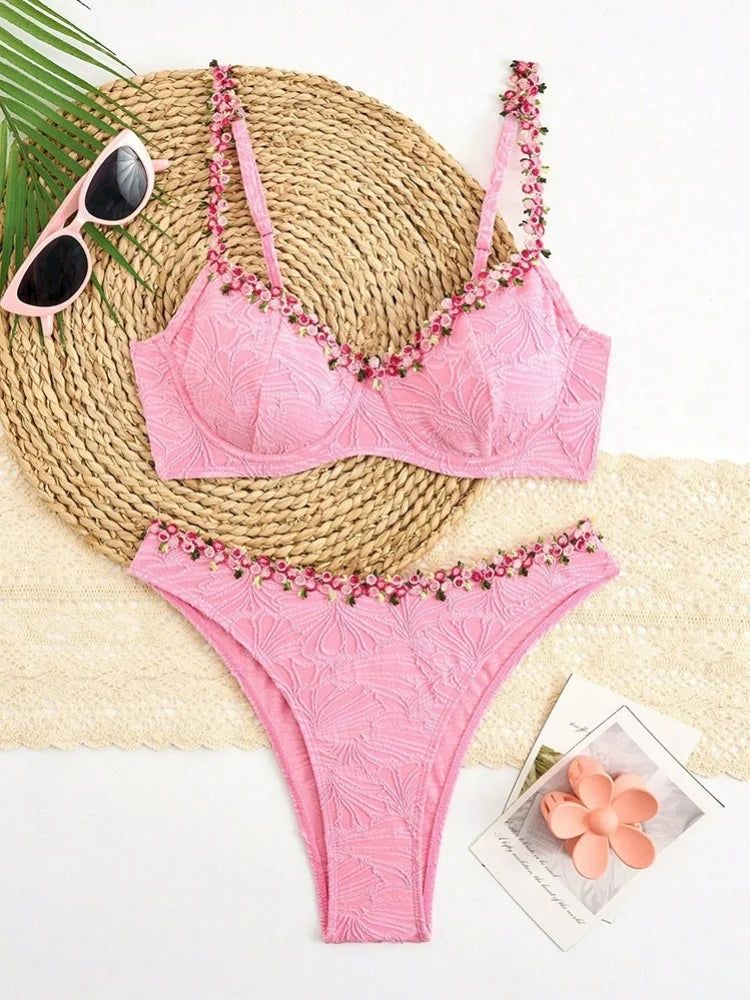 Sexy Pink 3D Flower Bikini Set