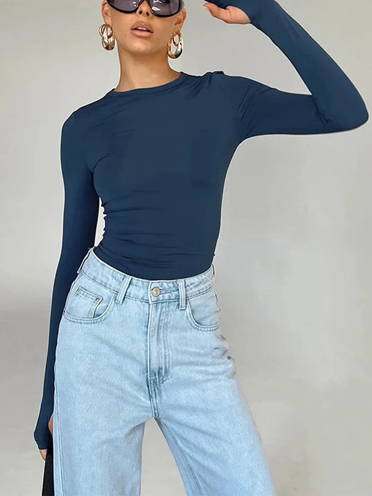 T-shirt Long Sleeve Crew Neck Solid Slim Fit Ladies Crop Top