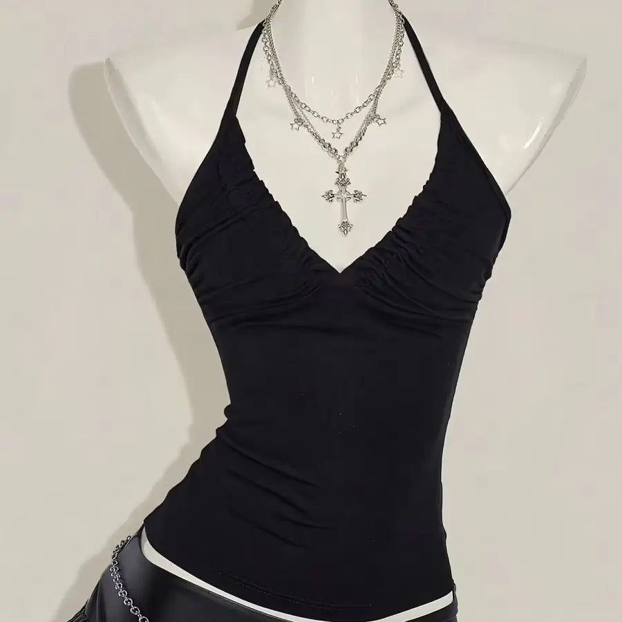 Halter Neck Solid Ruched V-Neck Back Tie Tank Top