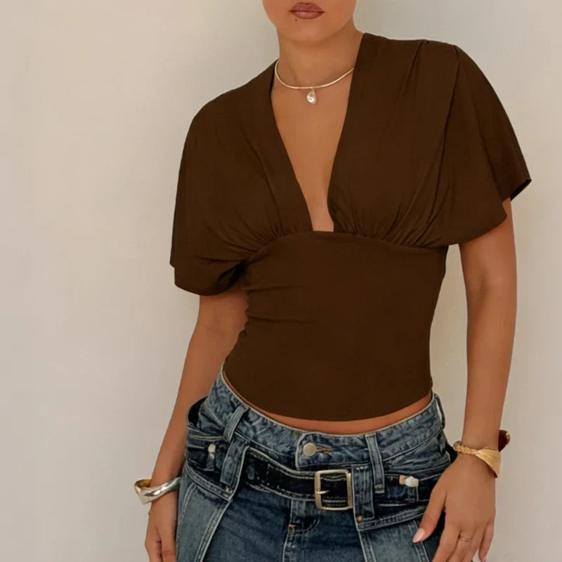 Cinched Waist Batwing Sleeve Crop Tops