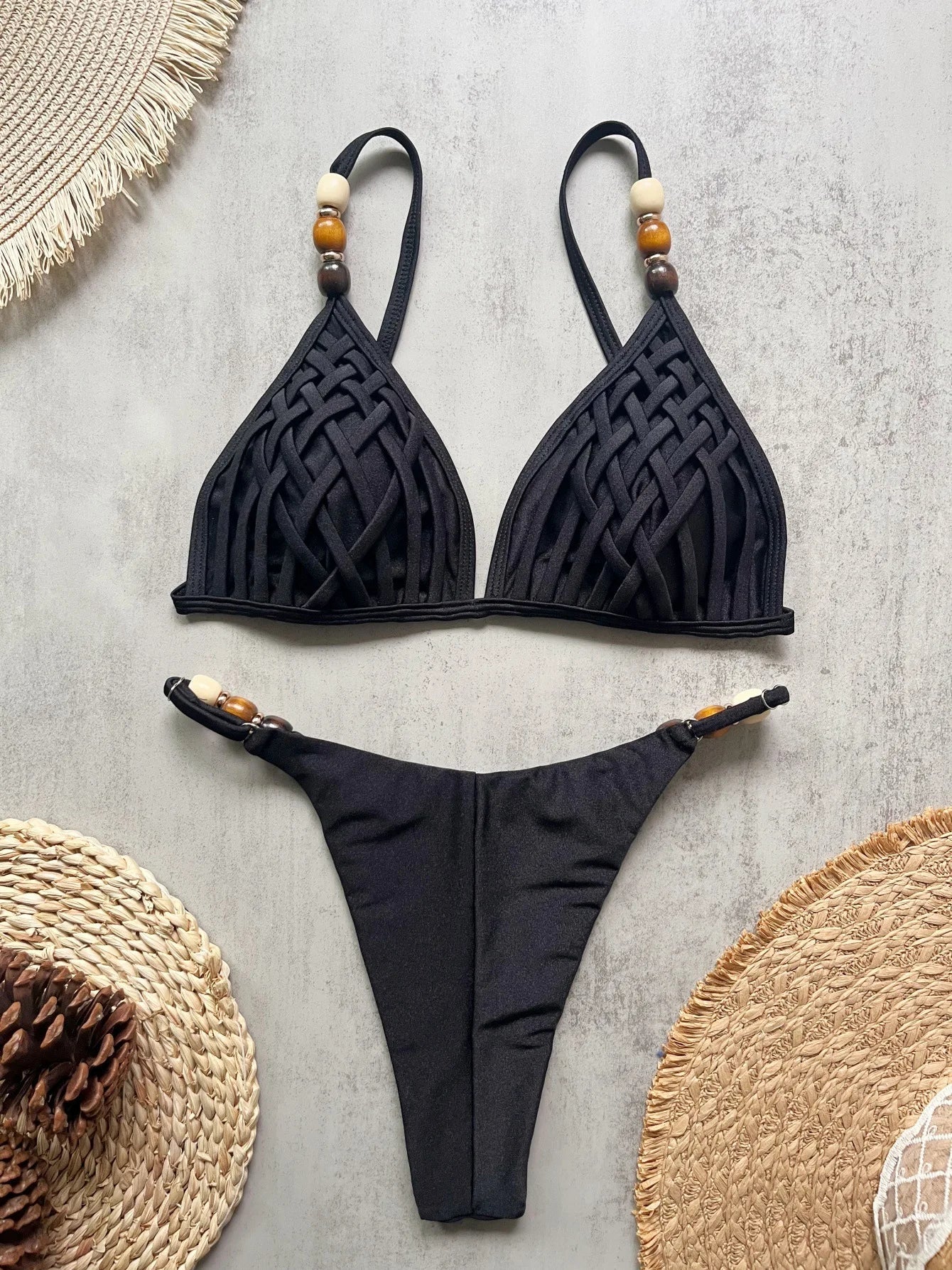 Sexy Black Pearls Strap Hole Out Push Up Bra Micro Bikini