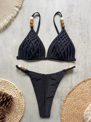 Sexy Black Pearls Strap Hole Out Push Up Bra Micro Bikini