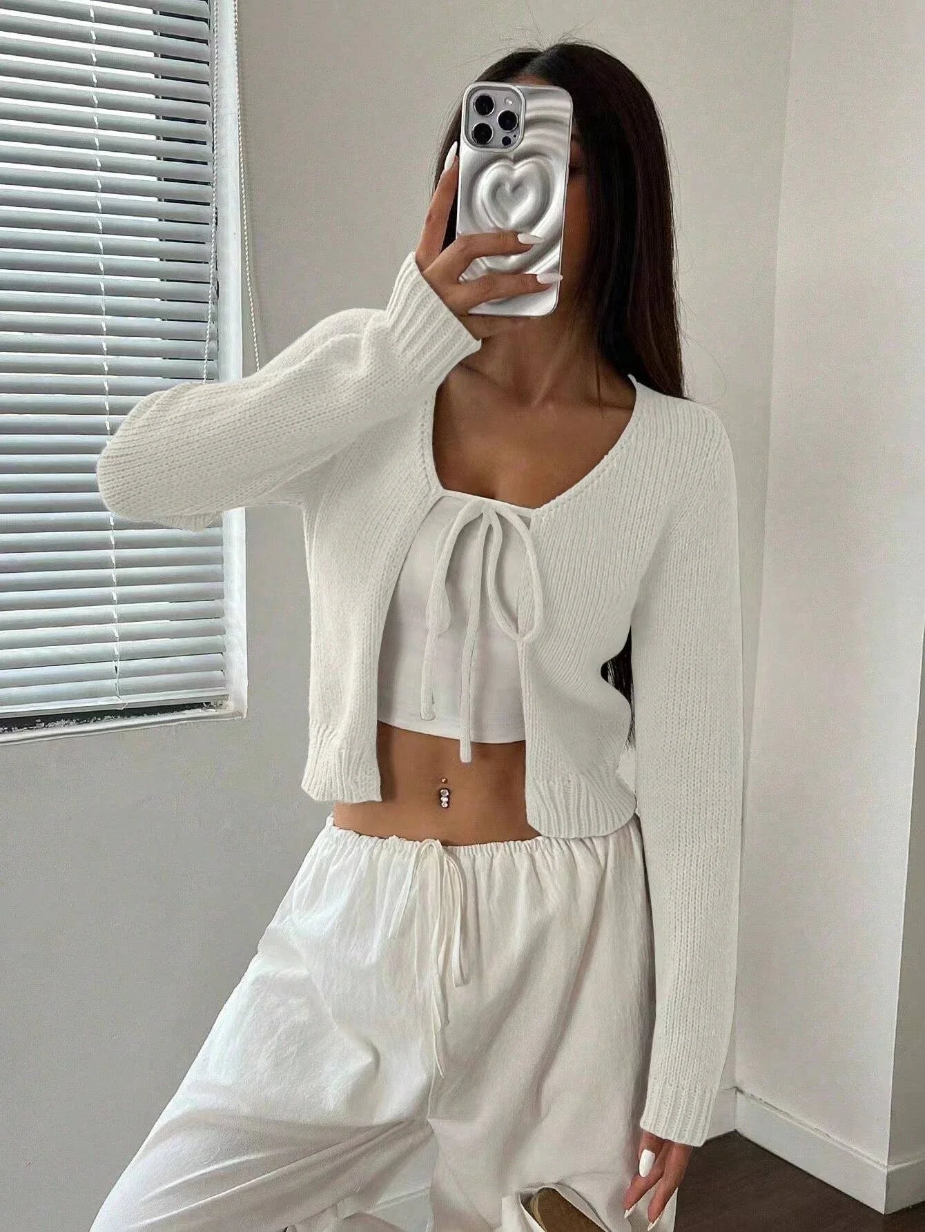 Front Strap Cropped Cardigan Rib-knit Long Sleeve