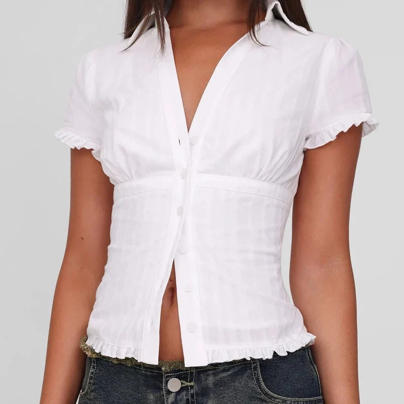 Frim Trim Short Sleeve Shirt Front Button V Neck Fitted Crop Top