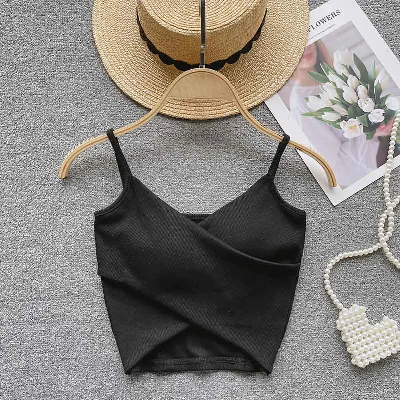 V Neck Spaghetti Strap Camisole Cross Wrap Front Cutout Hem Ribbed Slim Cropped Tank Top