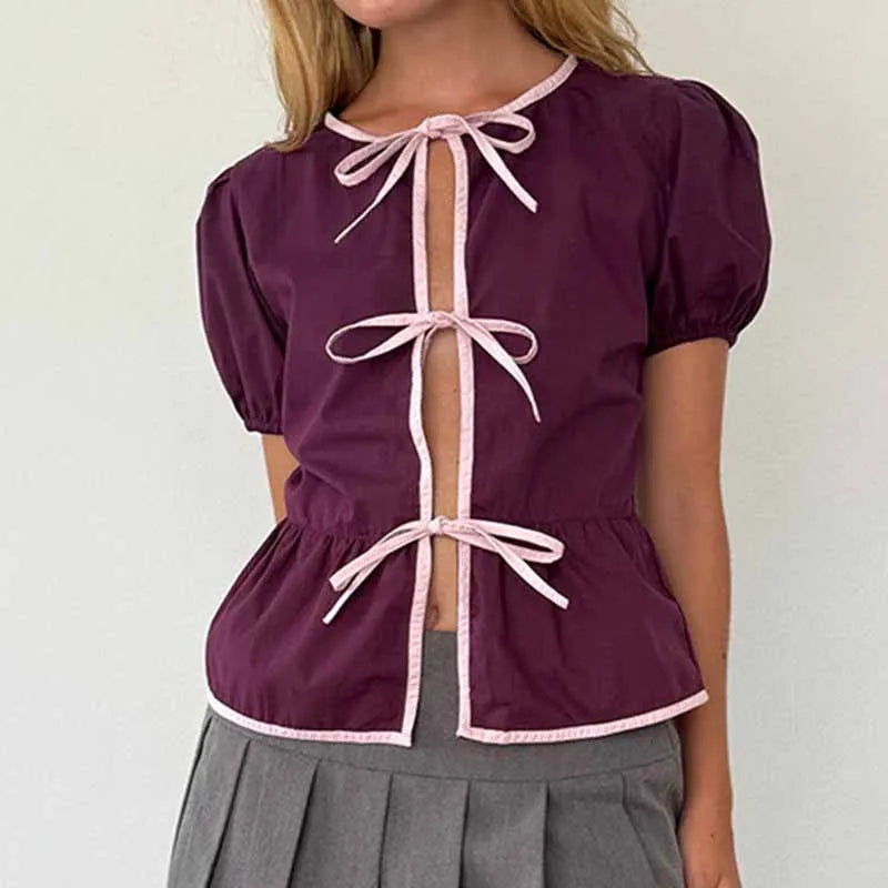 Front Bowknot Blouses Tees Ruffle Hem Crop Tops