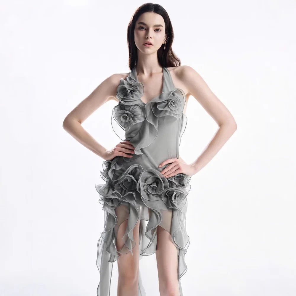Grey Pleated Flower Halter Party Dress