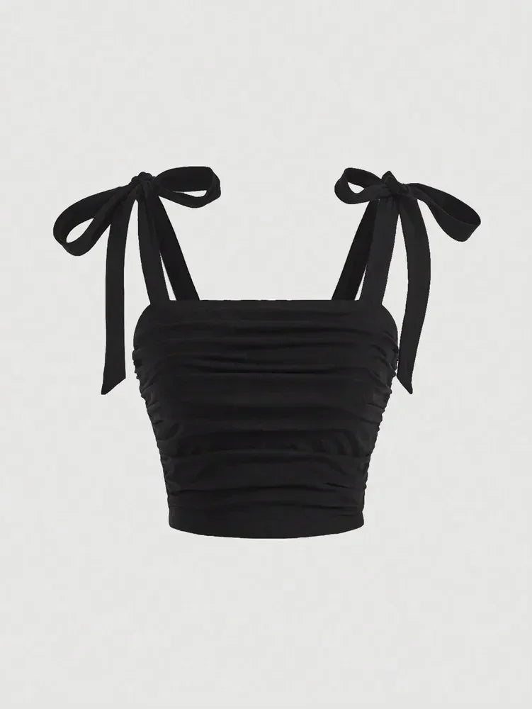 Solid Tie Shoulder Ruched Wide Strap Slim Fit Crop Top