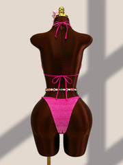 Sexy Hot Pink Gradient Knitted Bikini Set
