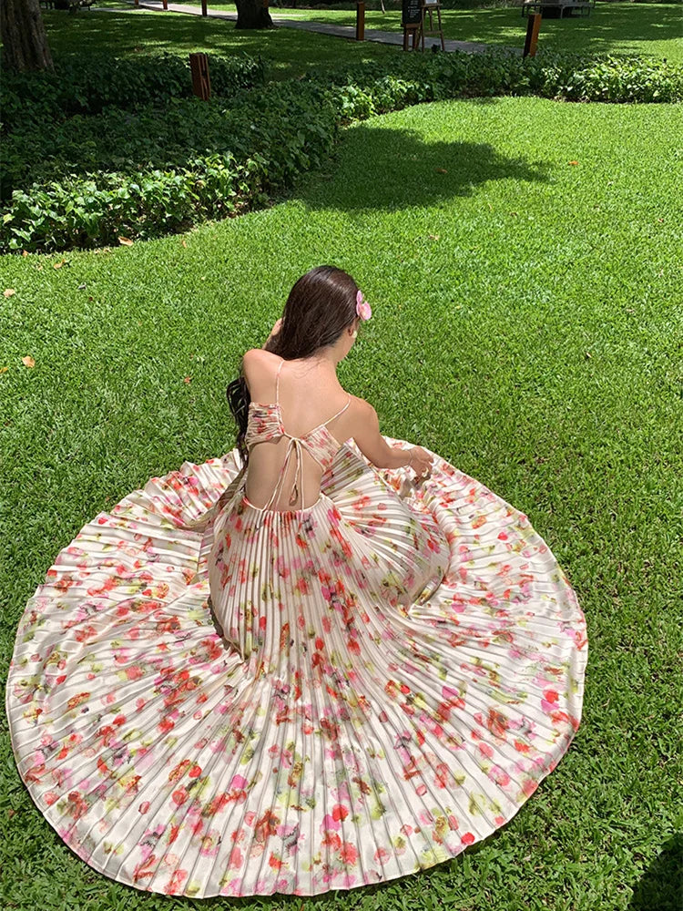Floral Print Pleated Long Dress