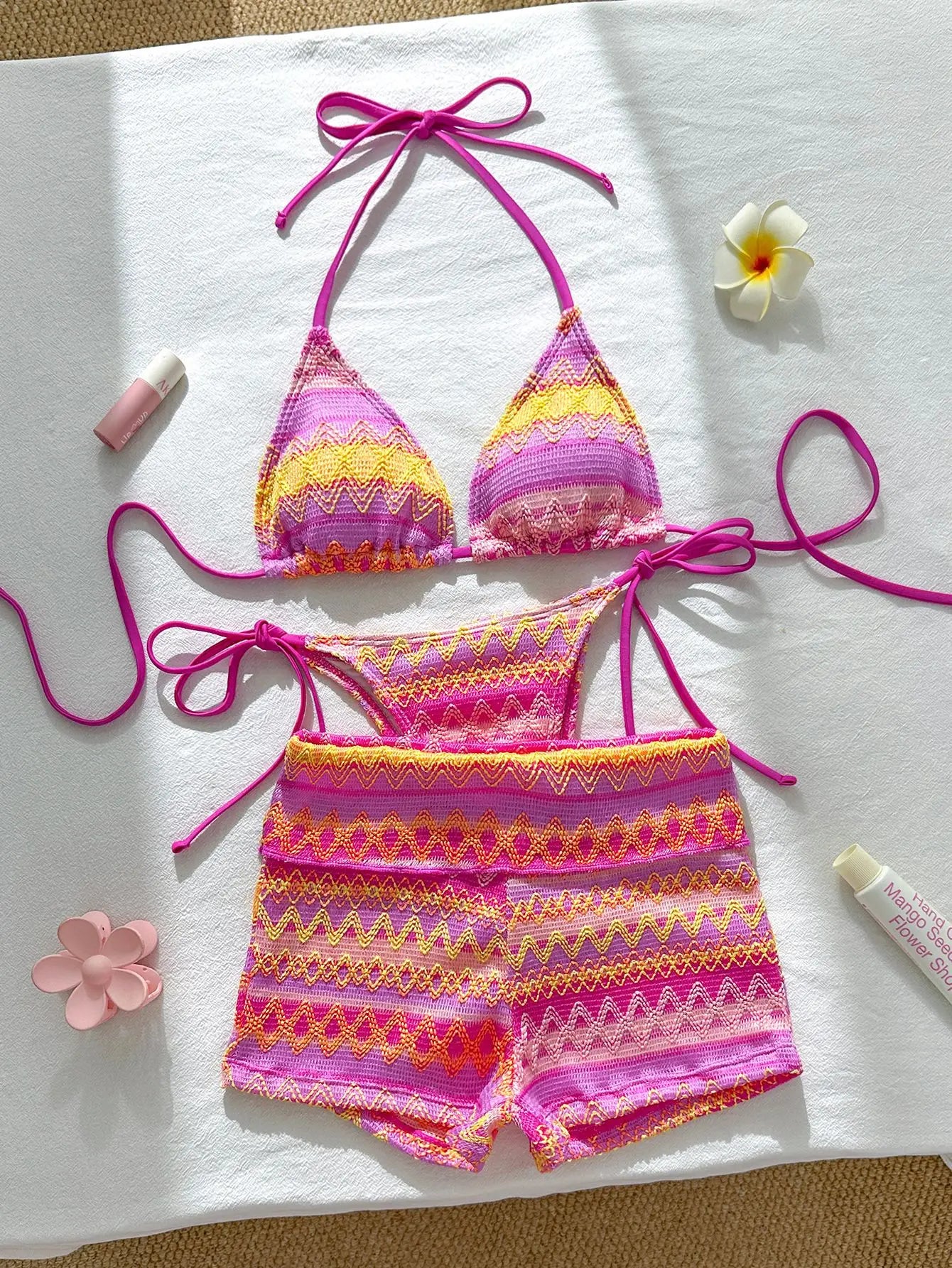Sexy Red Striped Knitted Bikini Set