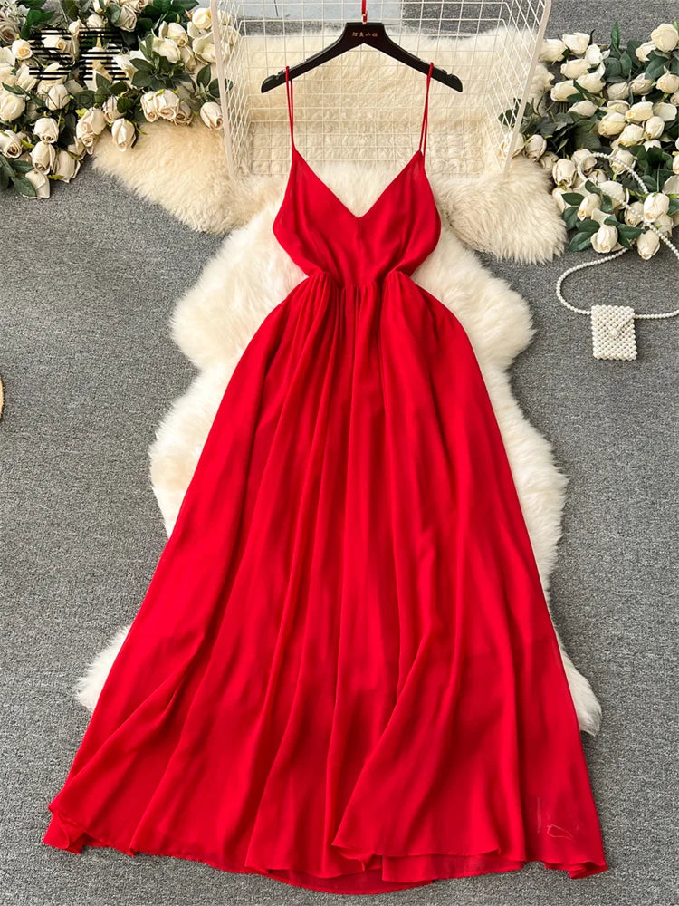 Backless Red Vacation Maxi Dress