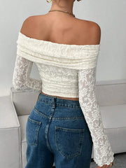 Women's Elegant Lace Sheer Off Shoulder Falre Sleeve Top