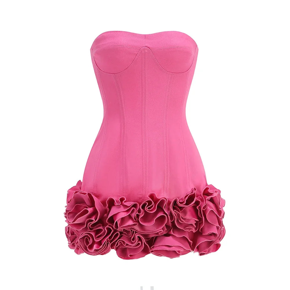 Sexy Sleeveless Off Shoulder Self Tie Knot 3D Floral Embroidery Mini Dress