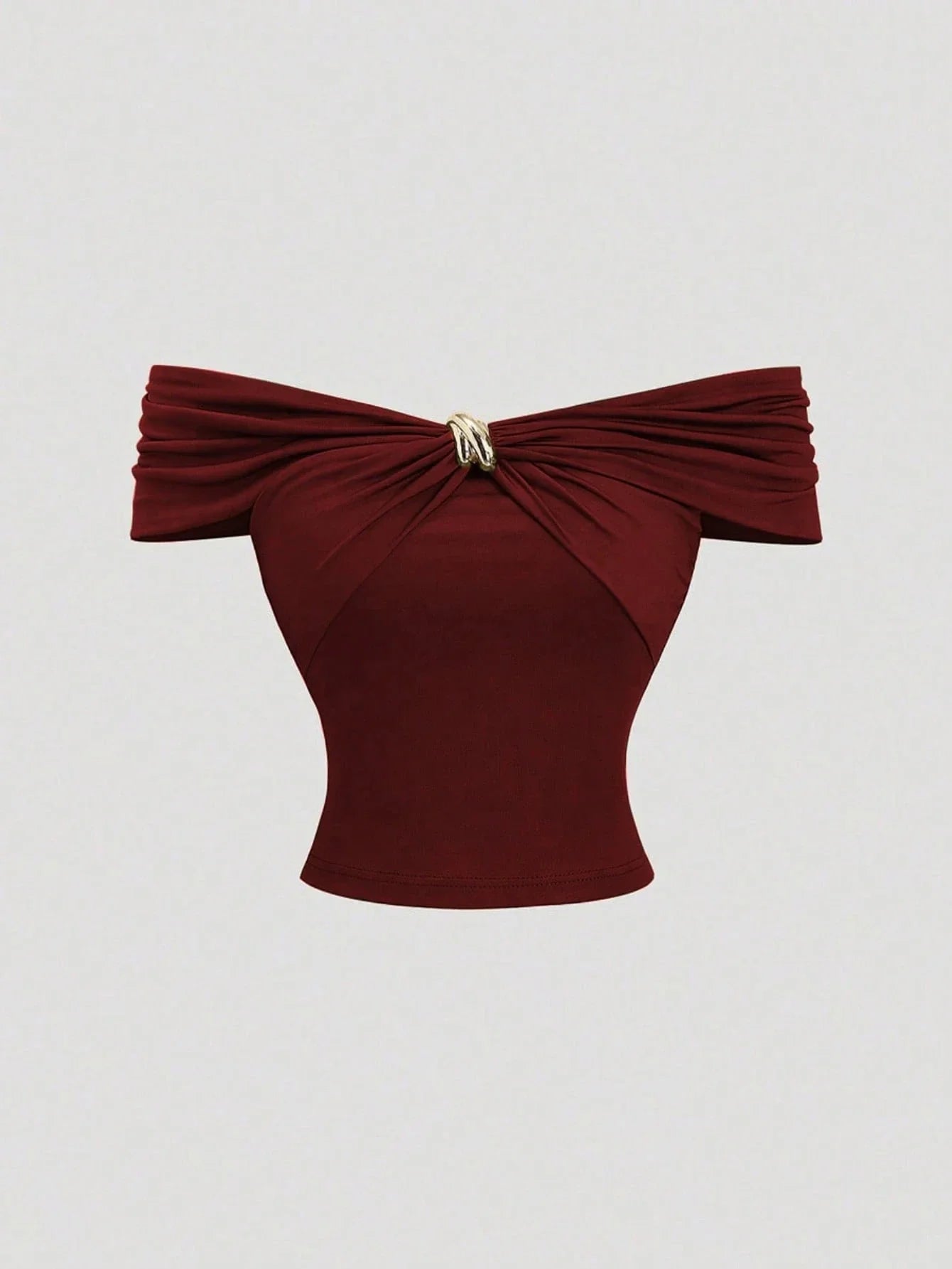 Off-Shoulder Pleating Metal Buckle Decor Crop Top