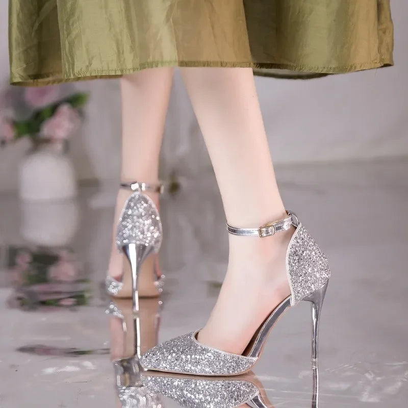 Pearl Ankle Strap Bling Wedding Pointed Toe Shallow High Heel