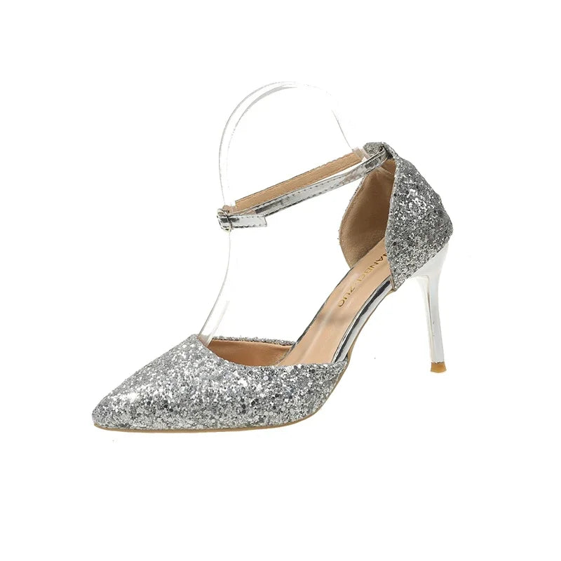 Pearl Ankle Strap Bling Wedding Pointed Toe Shallow High Heel