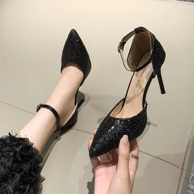 Pearl Ankle Strap Bling Wedding Pointed Toe Shallow High Heel