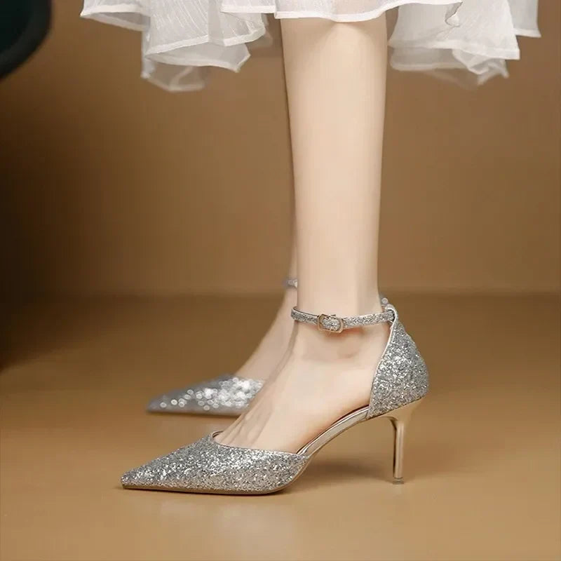 Pearl Ankle Strap Bling Wedding Pointed Toe Shallow High Heel