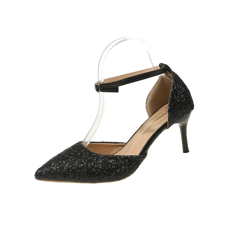 Pearl Ankle Strap Bling Wedding Pointed Toe Shallow High Heel