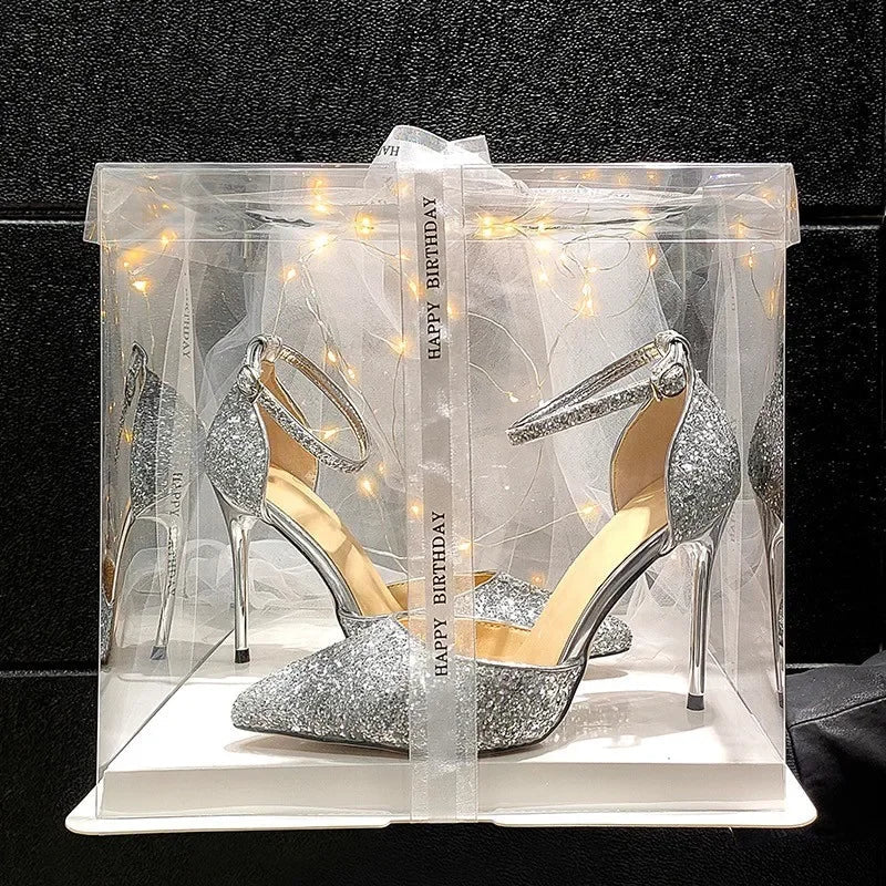 Pearl Ankle Strap Bling Wedding Pointed Toe Shallow High Heel