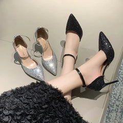 Pearl Ankle Strap Bling Wedding Pointed Toe Shallow High Heel