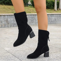 Pointed Toe Back Zipper Design Black Suede Modern Ankle Boot