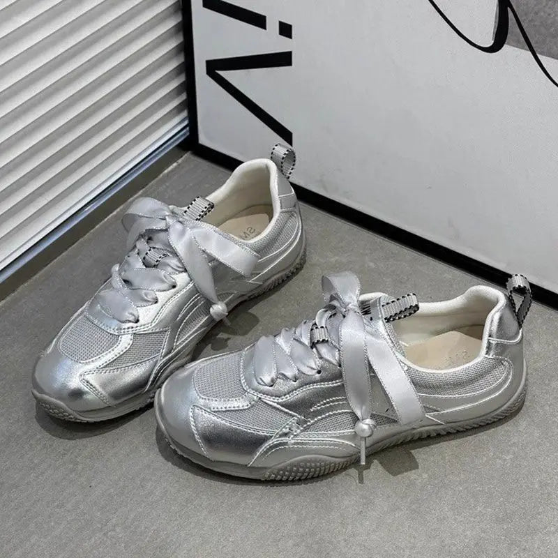 Silver Air Mesh Satin Jogging New Casual Round Platform Training Skateboard